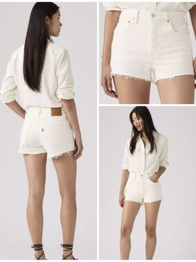 Levi’s 501 Button Fly High Rise Iconic White Raw Hem Cut Off Jean Shorts Size 29